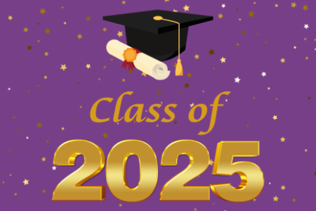 2025 Graduation flyer, purple background with "congratulations class of 2025" in gold text